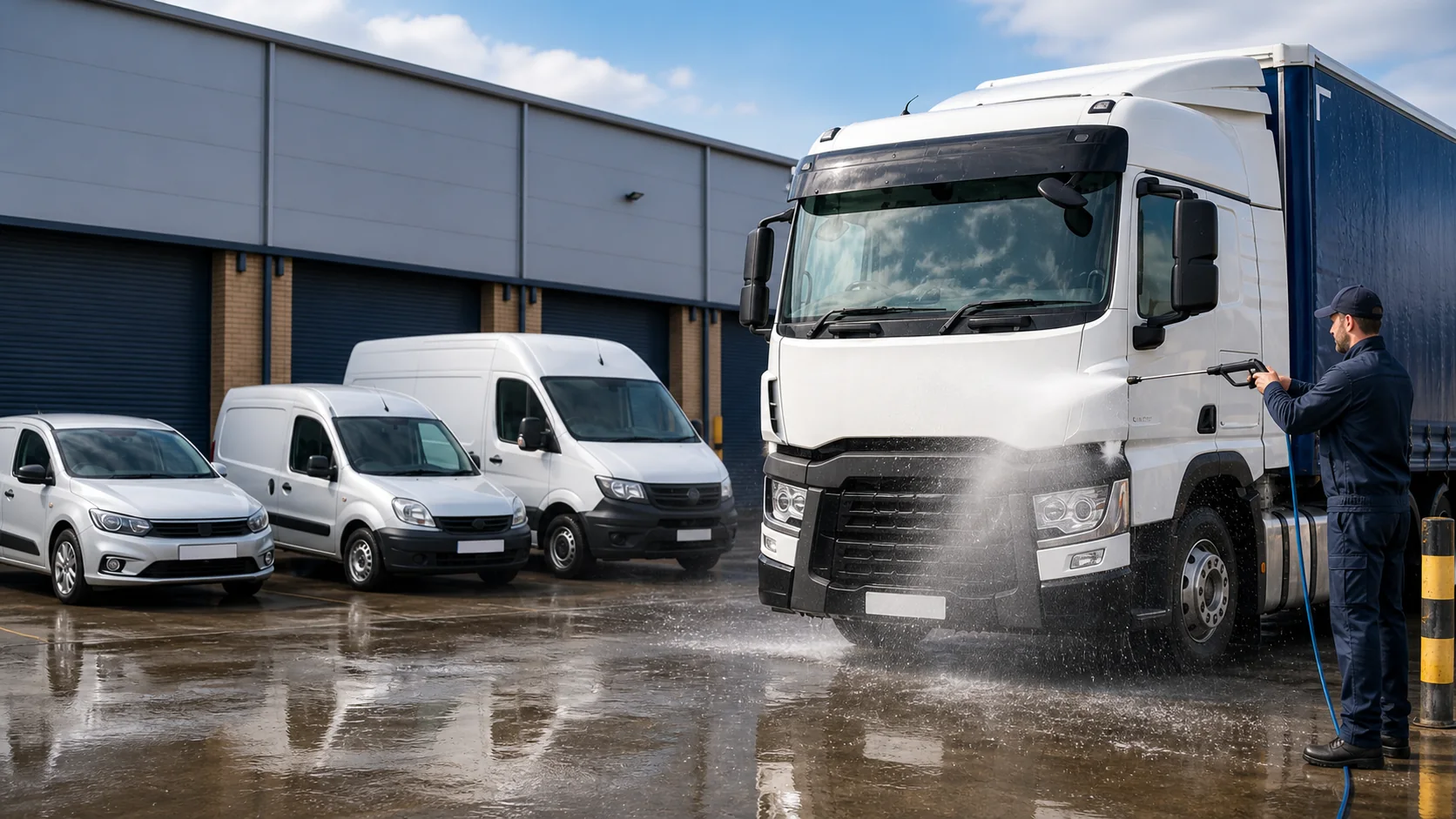Professional operator pressure-washing a commercial lorry with fleet vans nearby