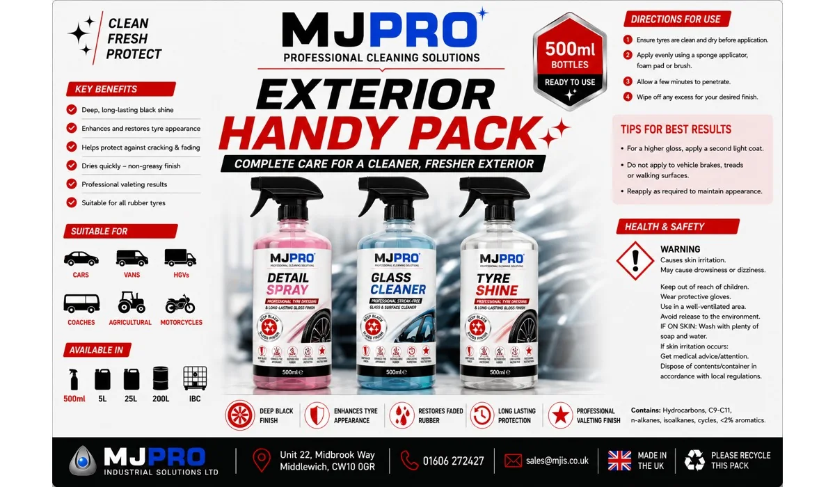 MJ Pro Exterior Handy Pack containing Detail Spray, Glass Cleaner and Tyre Shine