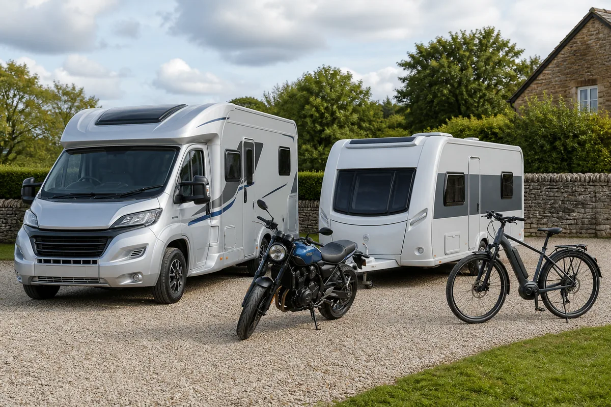 Motorhome, caravan, motorcycle and electric bike representing trackable vehicles